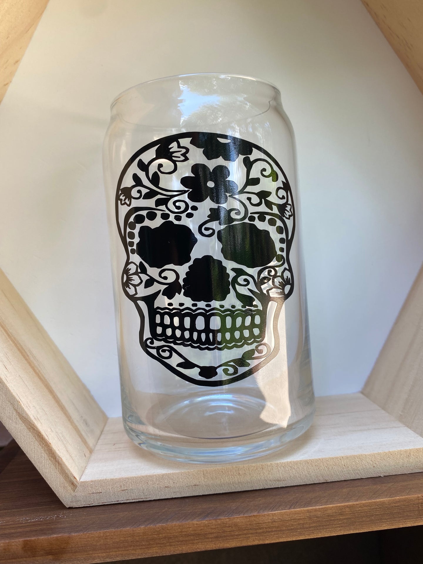 Calavera in black, 16 oz. glass can cup