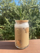 Load image into Gallery viewer, Fall leaves &amp; pumpkins 16 oz glass cup
