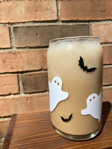 Halloween bats and ghosts glass can cup for iced coffee, match, lattes or teas!